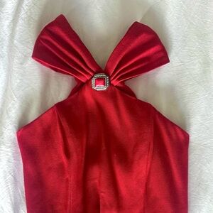 Vintage Midi Dress Red high-neck halter strapless w slit unique size 4 / small